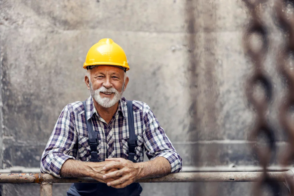 A builder in a hard hat leaning on site scaffolding
