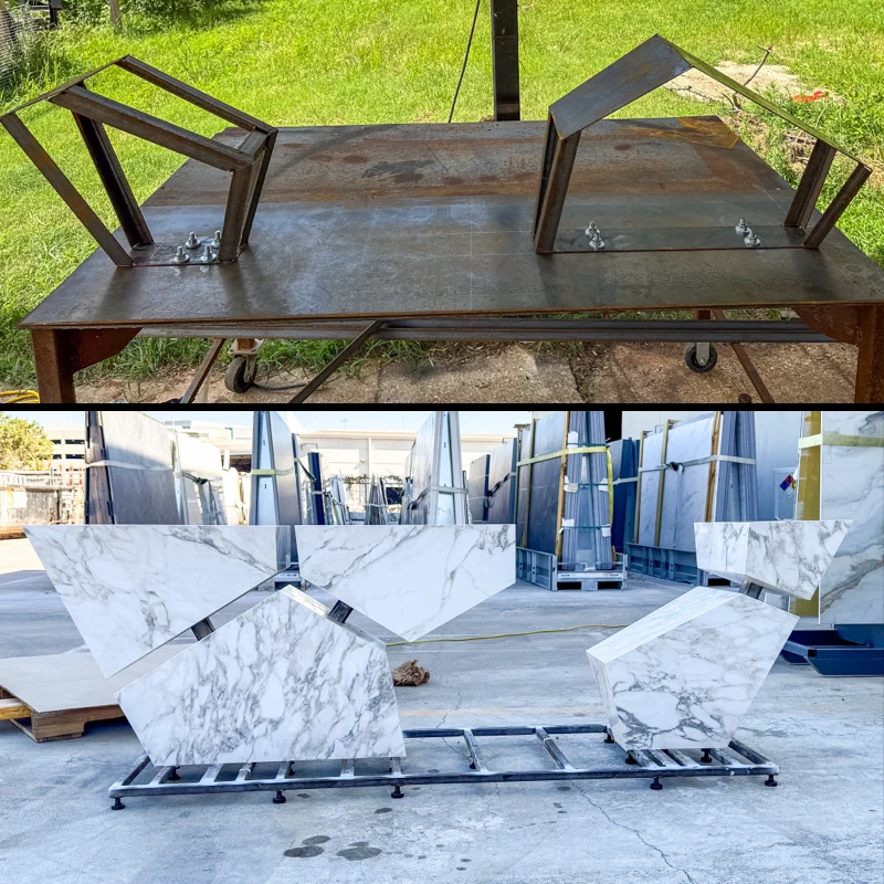 A fabricated steel table frame in the shop yard, and the same frame afterwards carrying marble panels