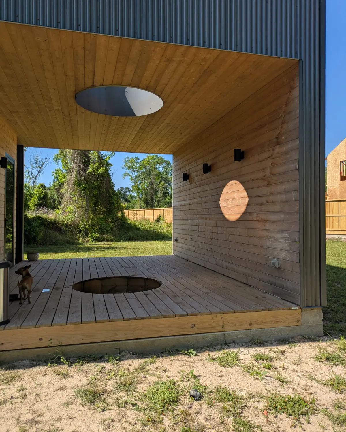 Steel-framed residential pavilion with exposed structure and metal cladding