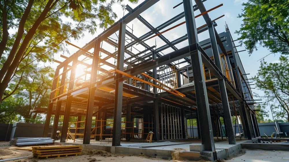 Reference image: a steel frame of columns and beams standing at the framing stage of a building